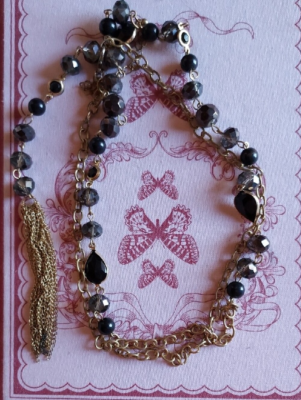 Gold-Tone Black & Smoke Bead Multi-Strand Rosary Style Necklace - Picture 2 of 2